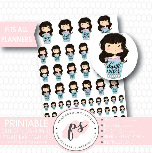 Cute Girl (Dark Hair/Brunette) Hydrate Water Habit Tracker Printable Planner Stickers - Plannerologystudio