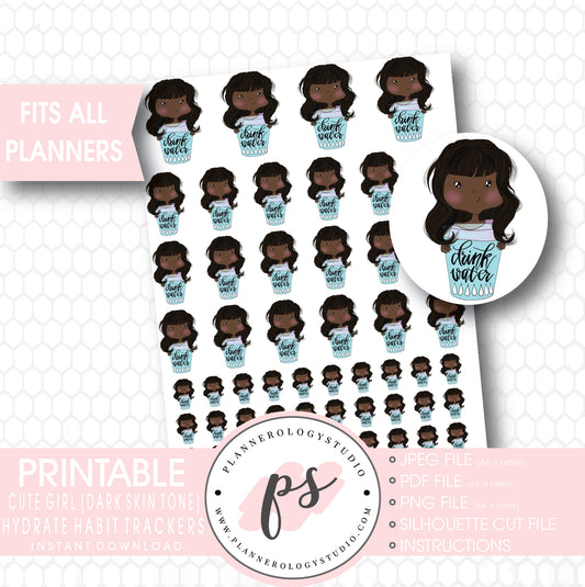 Cute Girl (Dark Skin Tone) Hydrate Water Habit Tracker Printable Planner Stickers - Plannerologystudio