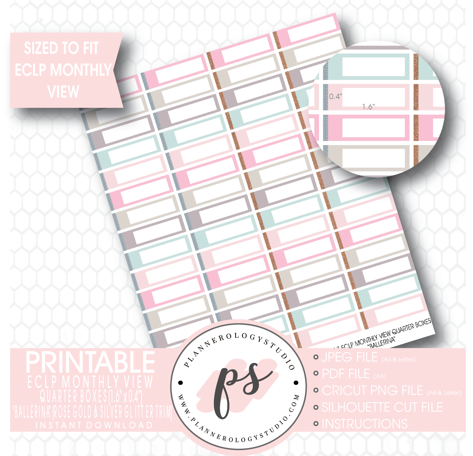 "Ballerina" Rose Gold & Silver Glitter Trim Monthly View Quarter Boxes Printable Planner Stickers (for use with ECLP) - Plannerologystudio