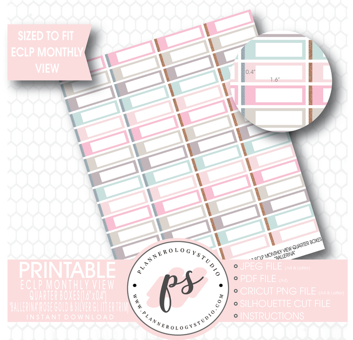 "Ballerina" Rose Gold & Silver Glitter Trim Monthly View Quarter Boxes Printable Planner Stickers (for use with ECLP) - Plannerologystudio