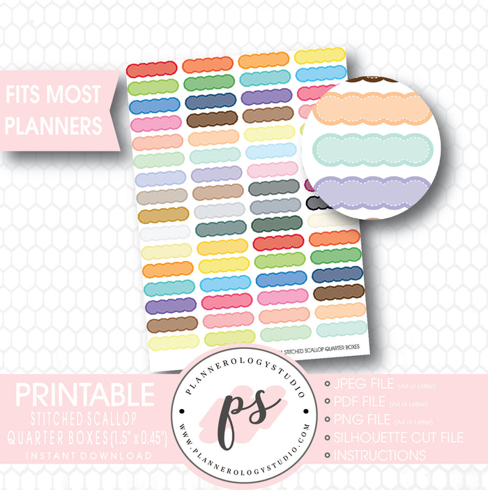 Multi Color Stitched Scallop Quarter Boxes Printable Planner Stickers - Plannerologystudio
