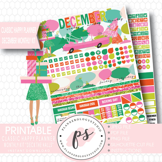 Deck the Halls Christmas 2017 December Monthly View Kit Printable Planner Stickers (for use with Classic Happy Planner) - Plannerologystudio