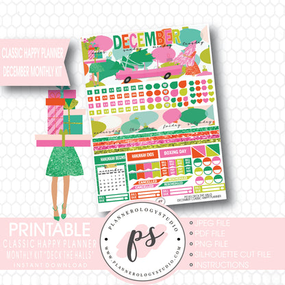 Deck the Halls Christmas 2017 December Monthly View Kit Printable Planner Stickers (for use with Classic Happy Planner) - Plannerologystudio
