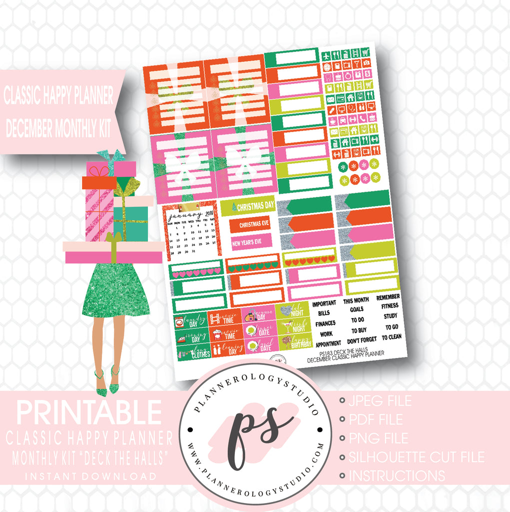Deck the Halls Christmas 2017 December Monthly View Kit Printable Planner Stickers (for use with Classic Happy Planner) - Plannerologystudio