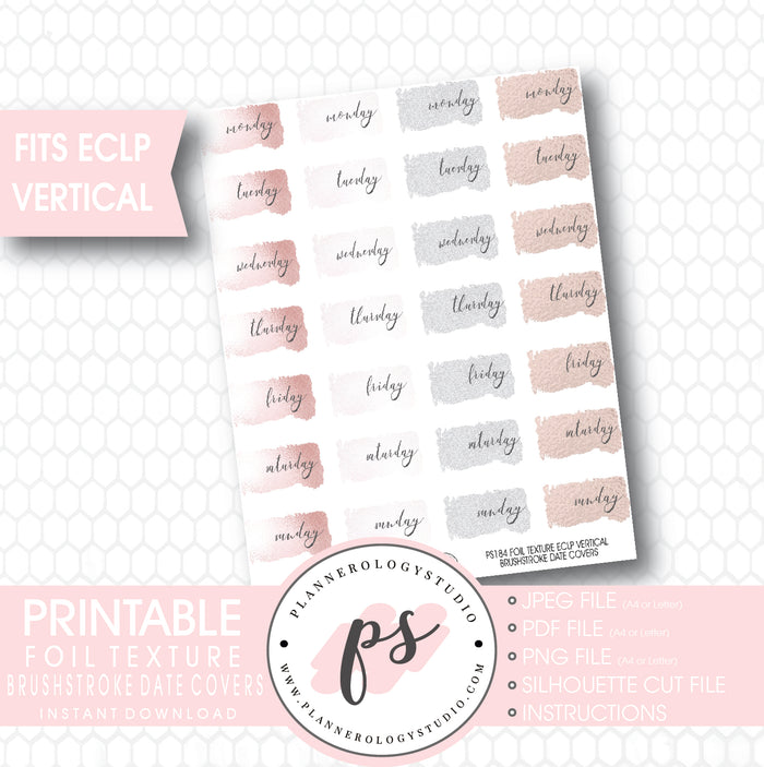Foil Texture Brushstrokes Date Cover Printable Planner Stickers (for ECLP Vertical) - Plannerologystudio