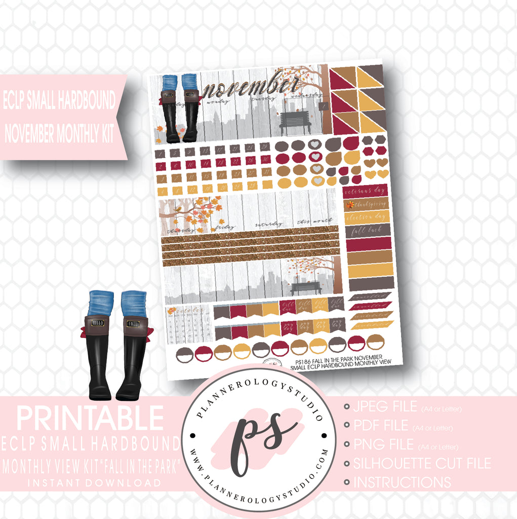 Fall in the Park November 2017 Monthly View Kit Printable Planner Stickers (for use with ECLP Small Hardbound) - Plannerologystudio