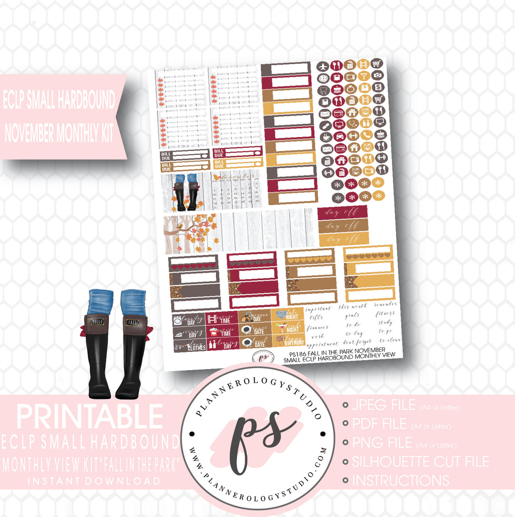 Fall in the Park November 2017 Monthly View Kit Printable Planner Stickers (for use with ECLP Small Hardbound) - Plannerologystudio