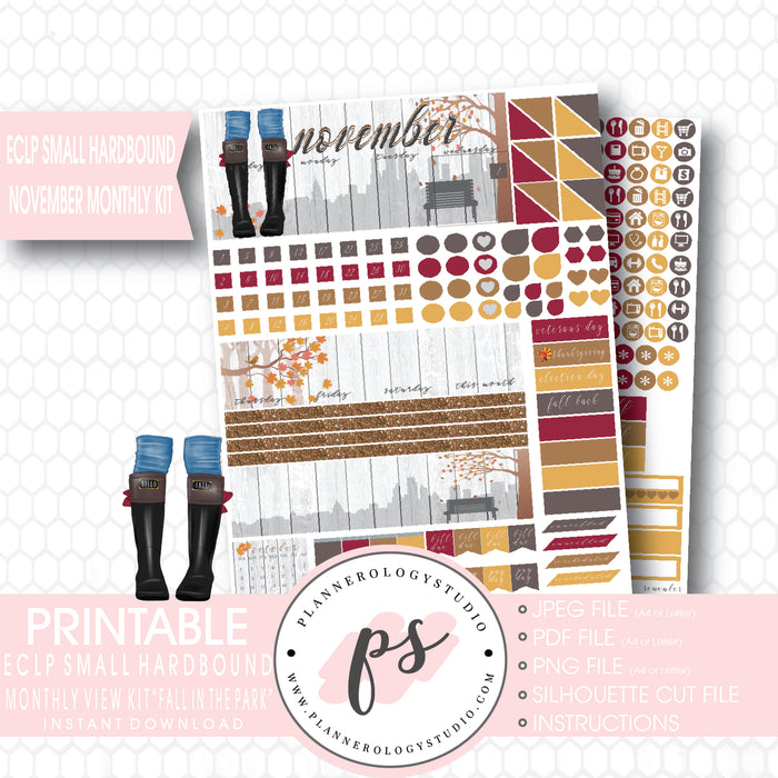 Fall in the Park November 2017 Monthly View Kit Printable Planner Stickers (for use with ECLP Small Hardbound) - Plannerologystudio