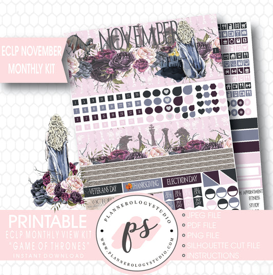 Game of Thrones (GOT) November 2017 Monthly View Kit Printable Planner Stickers (for use with ECLP) - Plannerologystudio