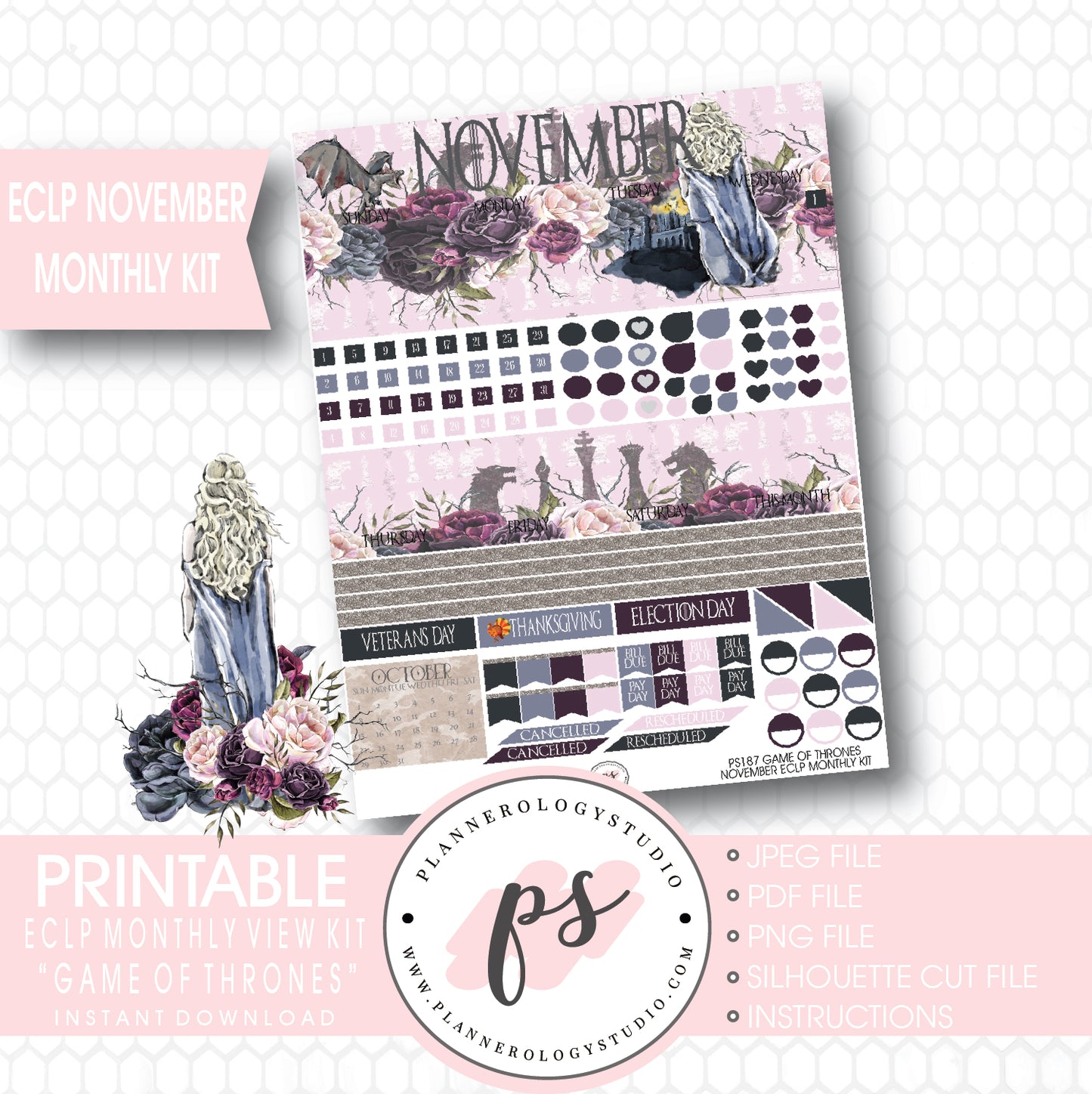 Game of Thrones (GOT) November 2017 Monthly View Kit Printable Planner Stickers (for use with ECLP) - Plannerologystudio
