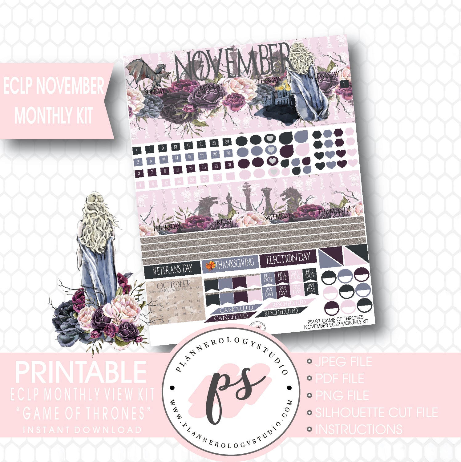 Game of Thrones (GOT) November 2017 Monthly View Kit Printable Planner Stickers (for use with ECLP) - Plannerologystudio