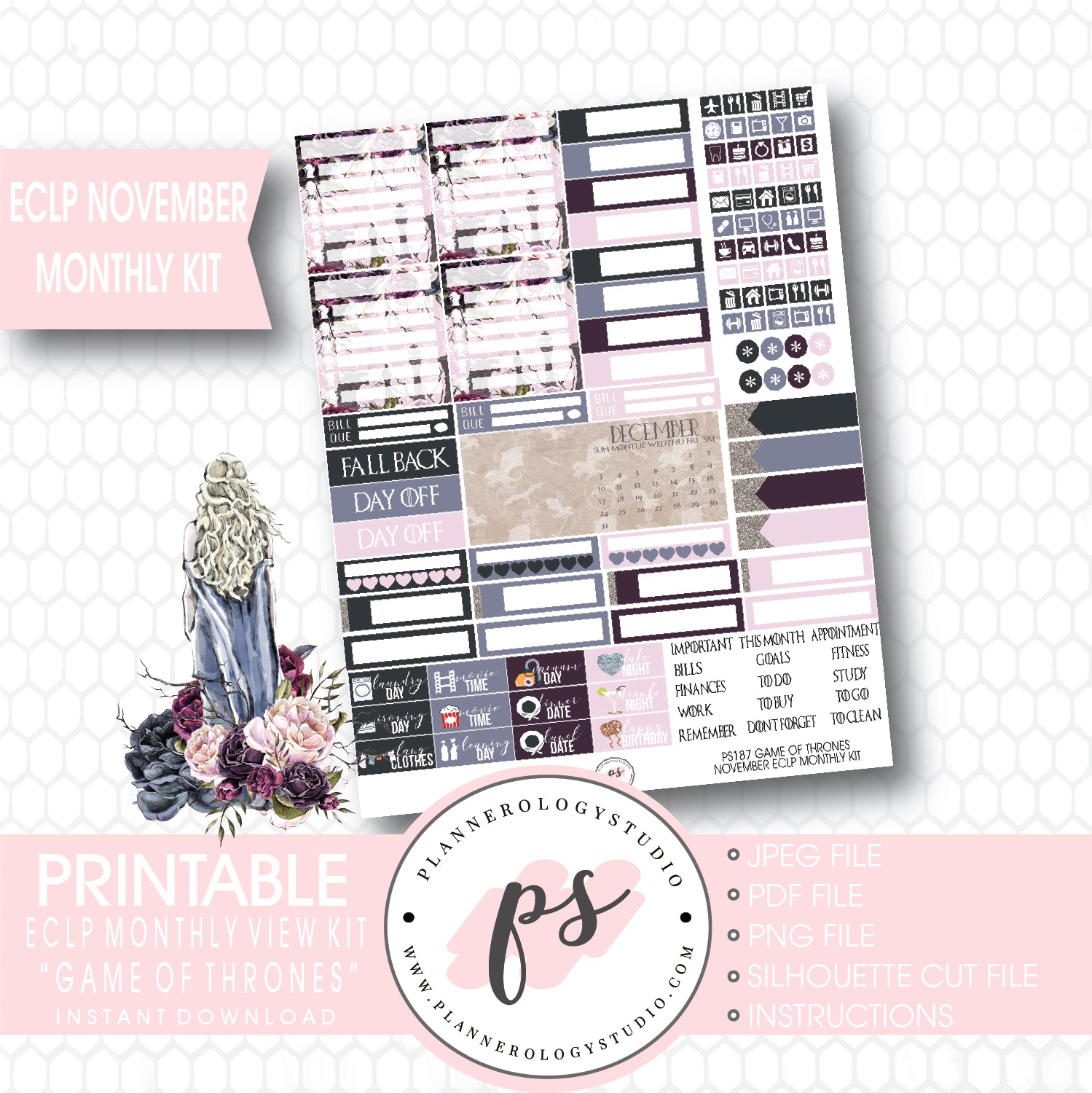 Game of Thrones (GOT) November 2017 Monthly View Kit Printable Planner Stickers (for use with ECLP) - Plannerologystudio