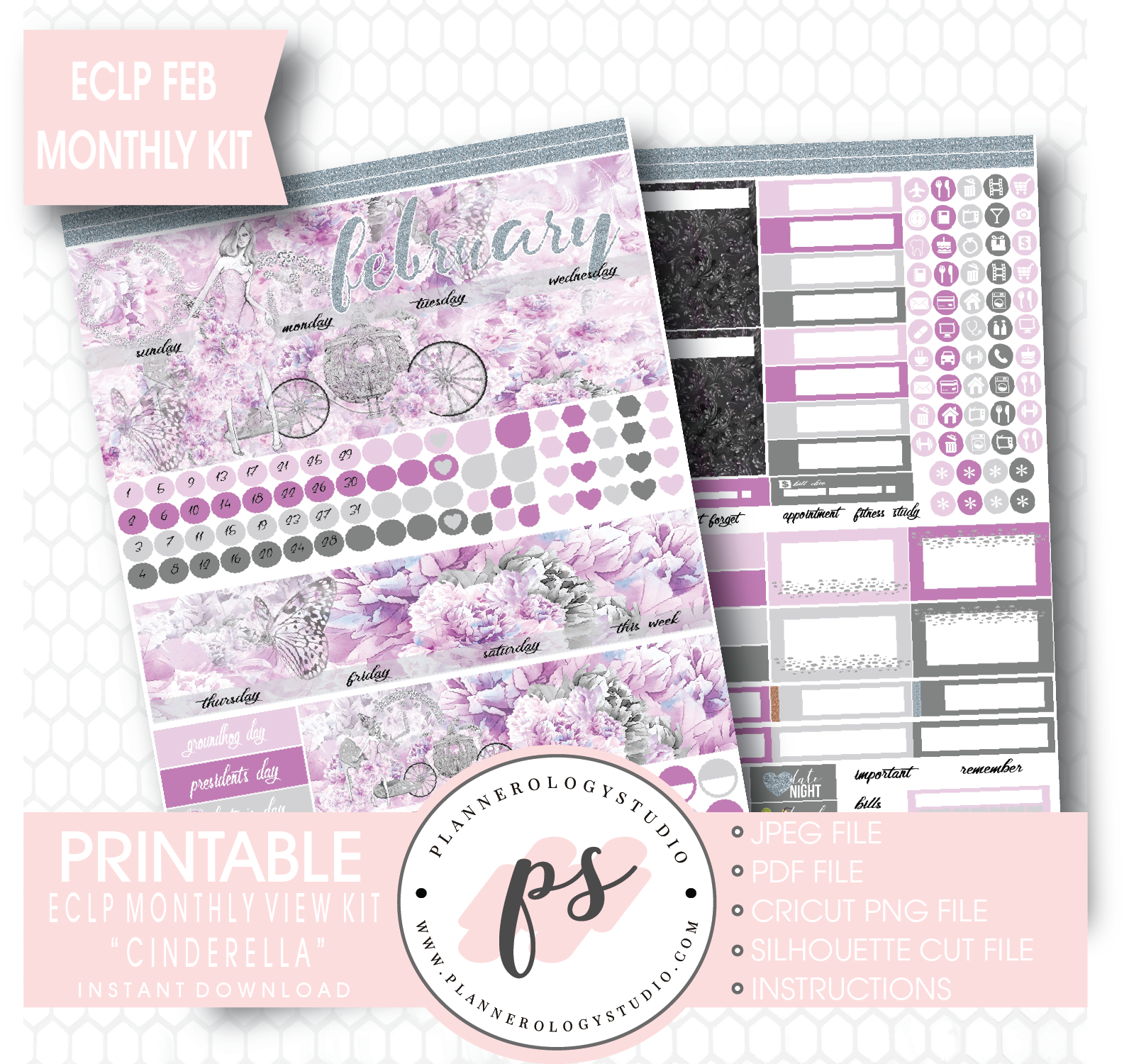 "Cinderella" February 2017 Monthly View Kit Printable Planner Stickers (for use with ECLP) - Plannerologystudio