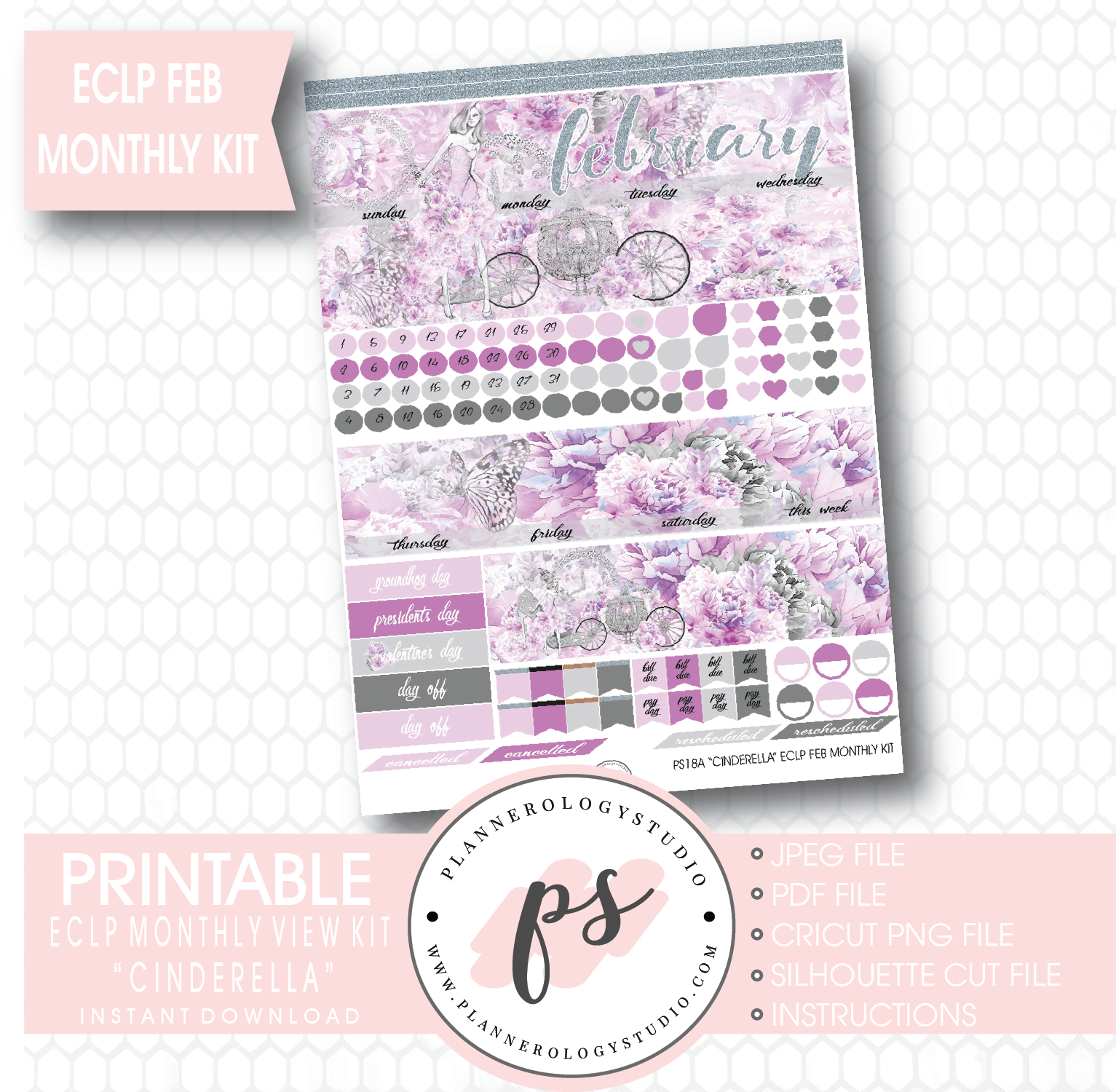 "Cinderella" February 2017 Monthly View Kit Printable Planner Stickers (for use with ECLP) - Plannerologystudio
