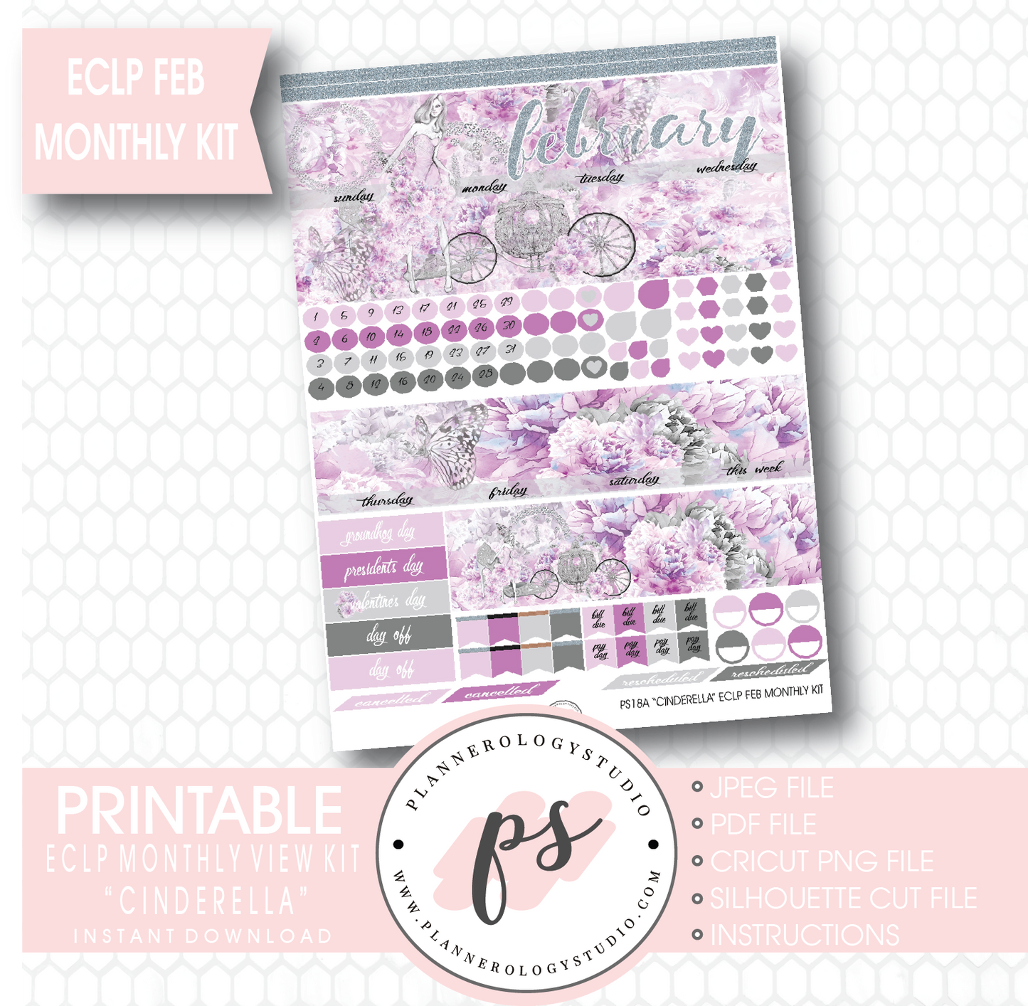 "Cinderella" February 2017 Monthly View Kit Printable Planner Stickers (for use with ECLP) - Plannerologystudio