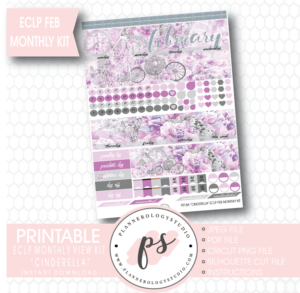 "Cinderella" February 2017 Monthly View Kit Printable Planner Stickers (for use with ECLP) - Plannerologystudio