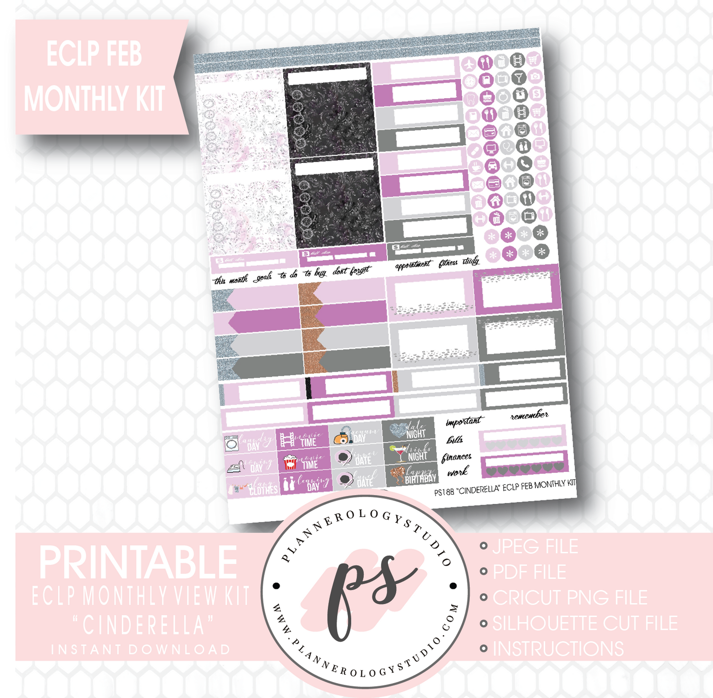 "Cinderella" February 2017 Monthly View Kit Printable Planner Stickers (for use with ECLP) - Plannerologystudio