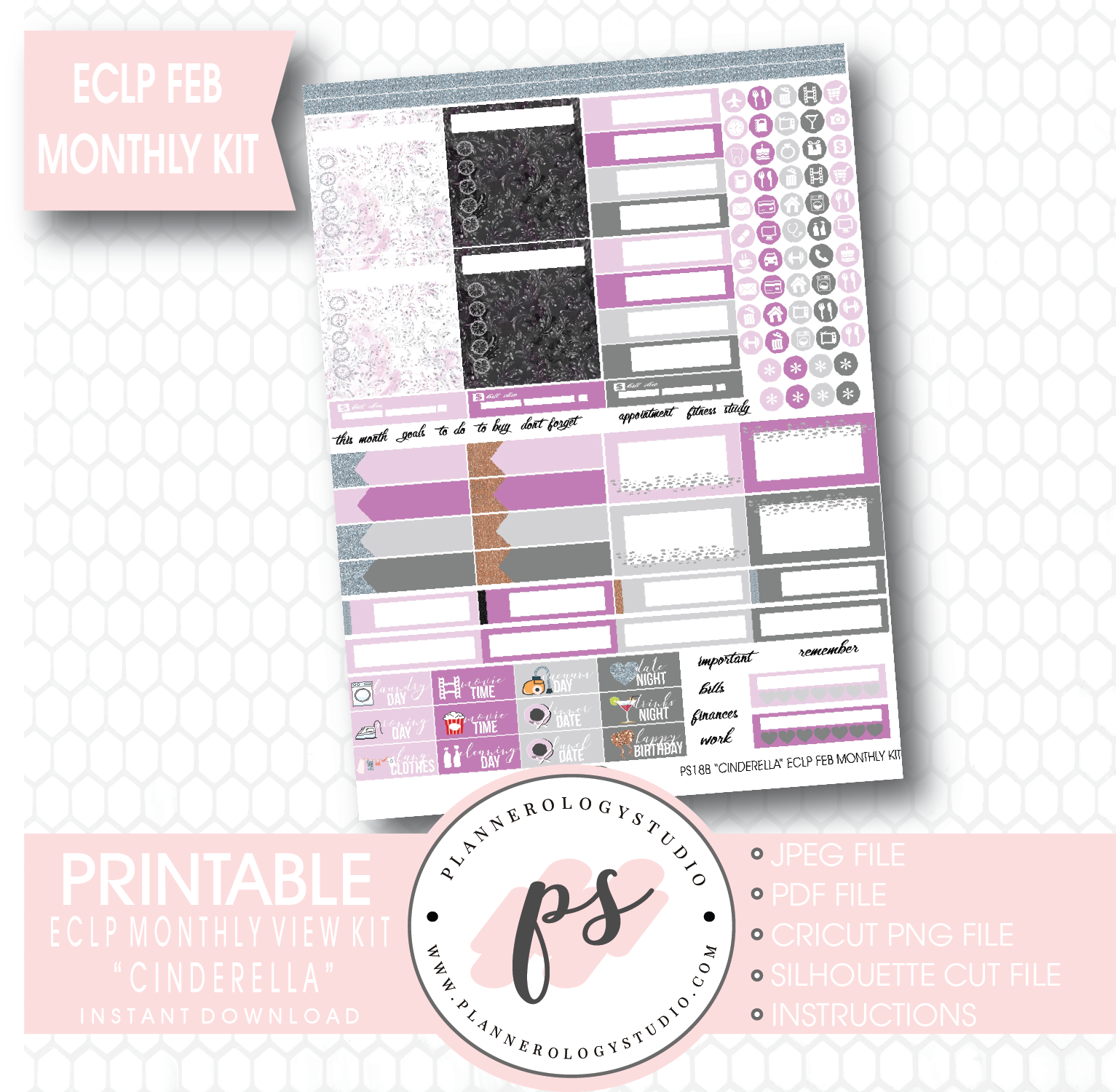 "Cinderella" February 2017 Monthly View Kit Printable Planner Stickers (for use with ECLP) - Plannerologystudio