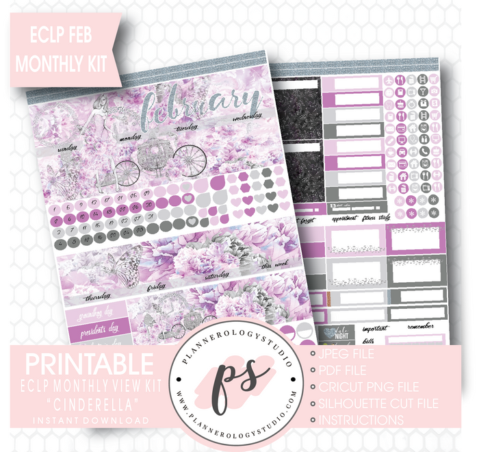 "Cinderella" February 2017 Monthly View Kit Printable Planner Stickers (for use with ECLP) - Plannerologystudio