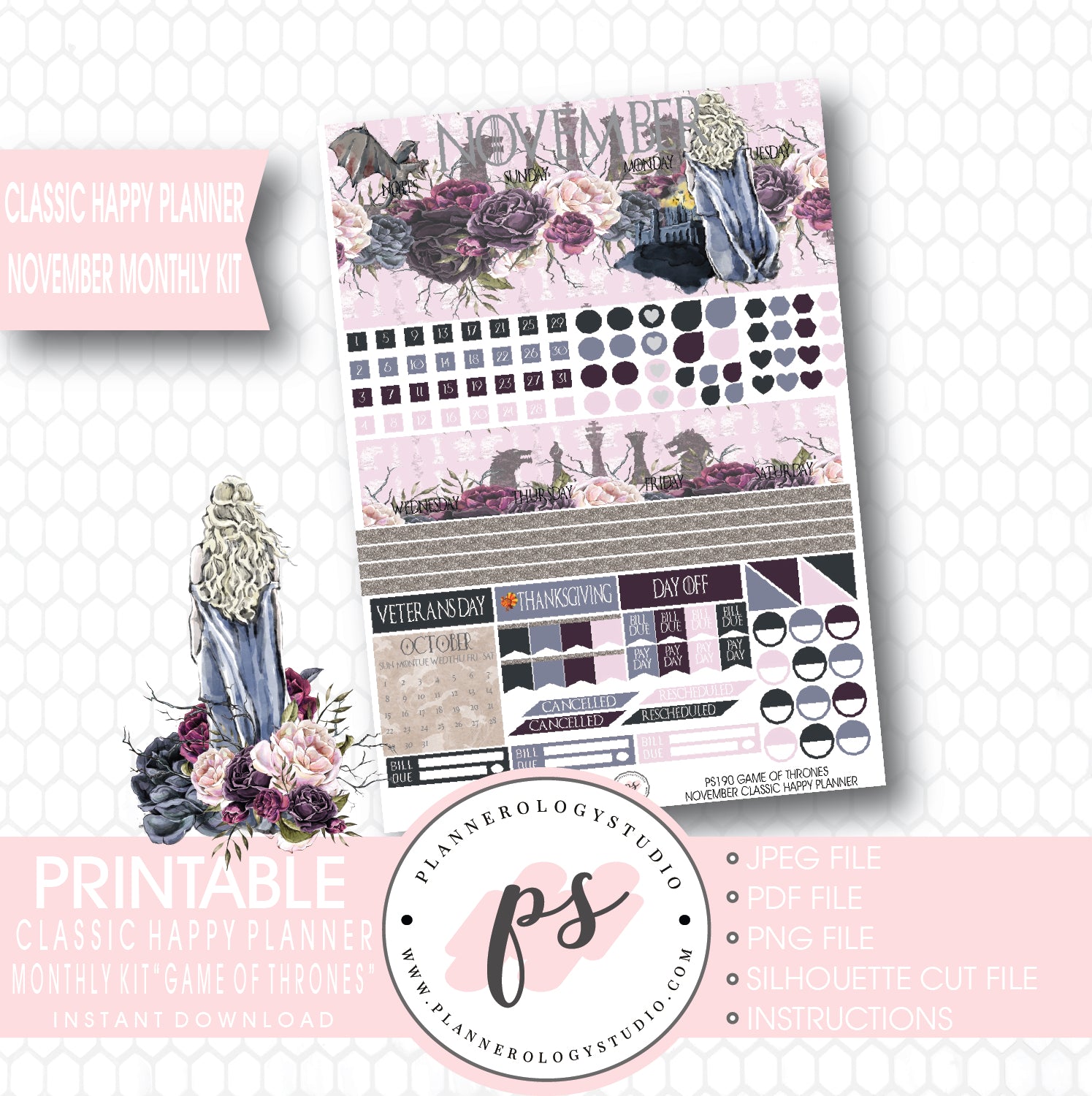 Game of Thrones (GOT) November 2017 Monthly View Kit Printable Planner Stickers (for use with Classic Happy Planner) - Plannerologystudio