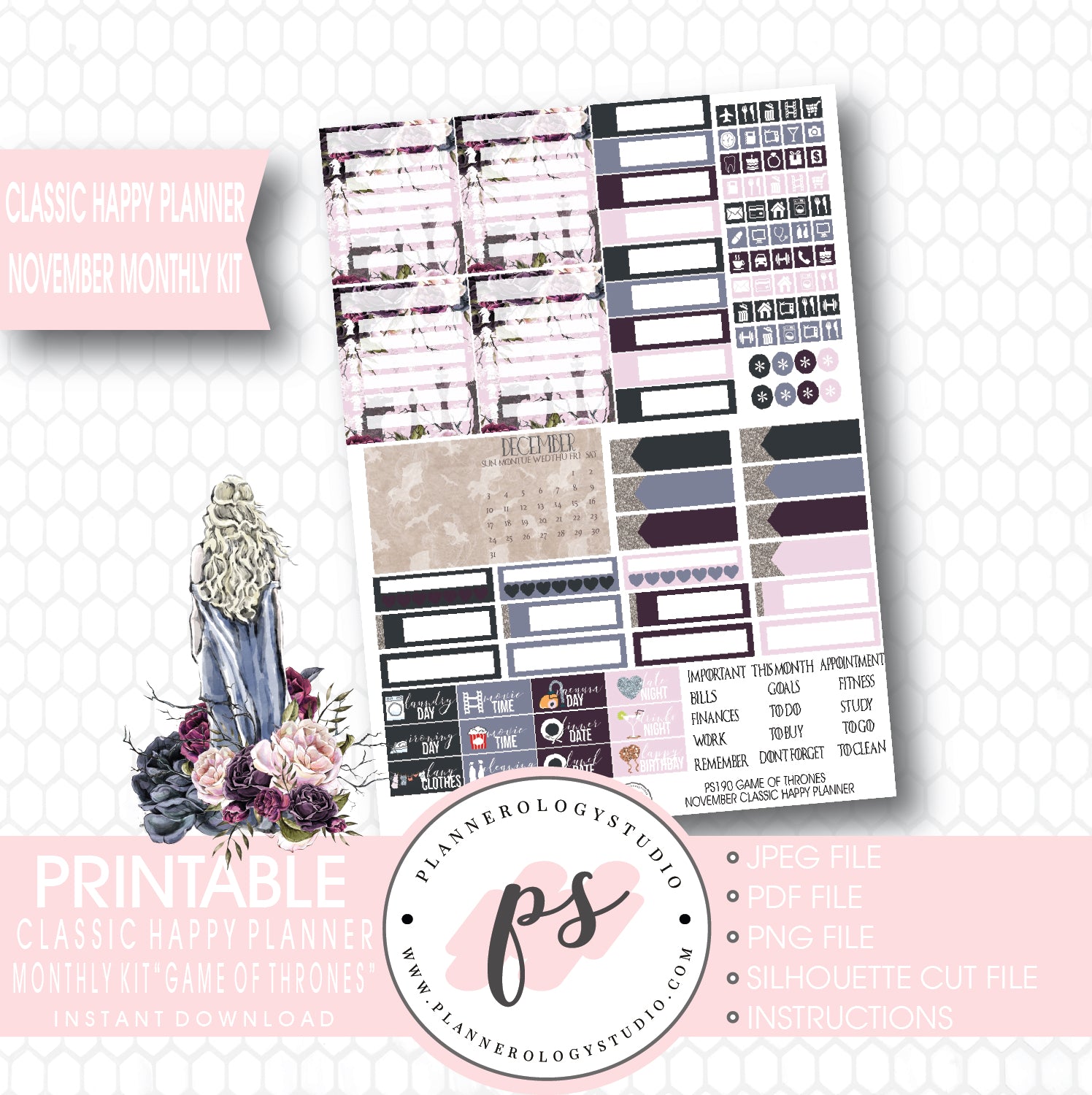 Game of Thrones (GOT) November 2017 Monthly View Kit Printable Planner Stickers (for use with Classic Happy Planner) - Plannerologystudio