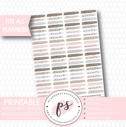 Watercolour Brushstrokes Meals Headers (Breakfast, Lunch, Dinner) Printable Planner Stickers - Plannerologystudio