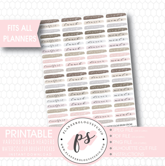 Watercolour Brushstrokes Meals Headers (Breakfast, Lunch, Dinner) Printable Planner Stickers - Plannerologystudio