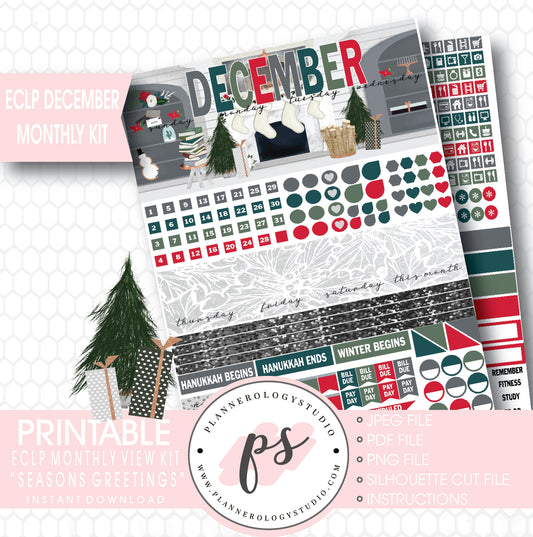 Seasons Greetings Christmas December 2017 Monthly View Kit Printable Planner Stickers (for use with ECLP) - Plannerologystudio