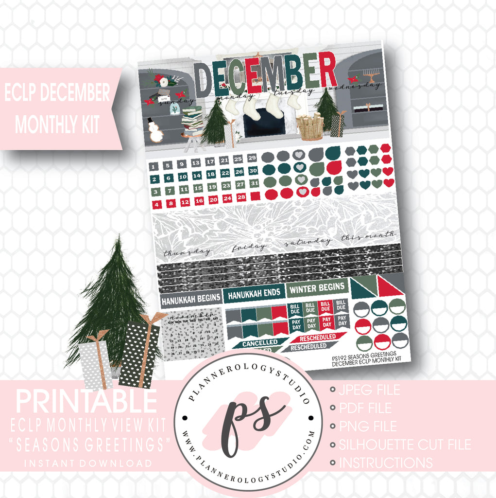 Seasons Greetings Christmas December 2017 Monthly View Kit Printable Planner Stickers (for use with ECLP) - Plannerologystudio