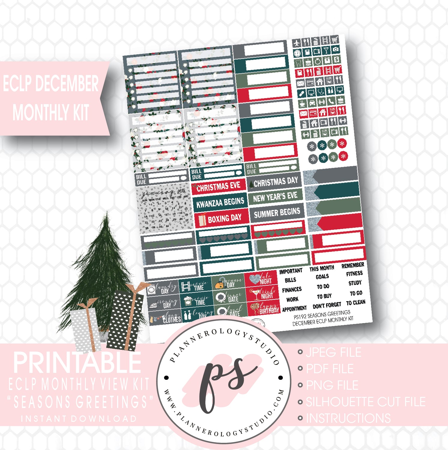 Seasons Greetings Christmas December 2017 Monthly View Kit Printable Planner Stickers (for use with ECLP) - Plannerologystudio