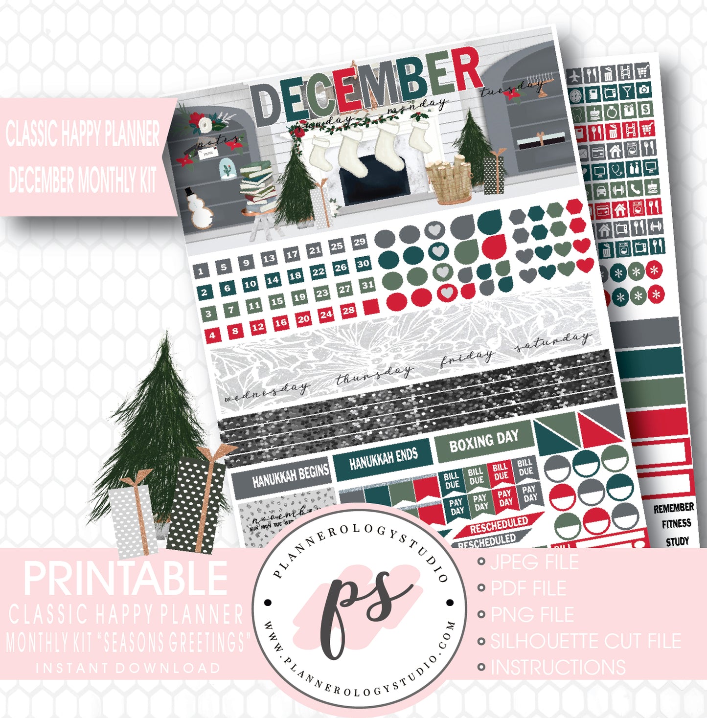 Seasons Greetings Christmas December 2017 Monthly View Kit Printable Planner Stickers (for use with Classic Happy Planner) - Plannerologystudio