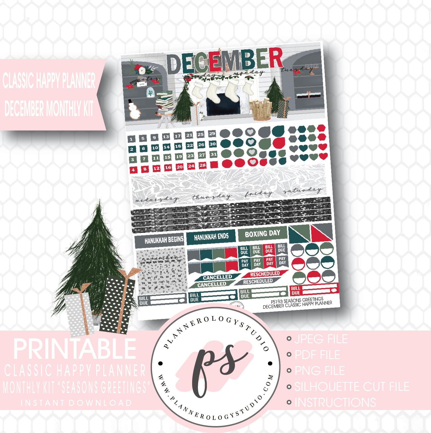 Seasons Greetings Christmas December 2017 Monthly View Kit Printable Planner Stickers (for use with Classic Happy Planner) - Plannerologystudio
