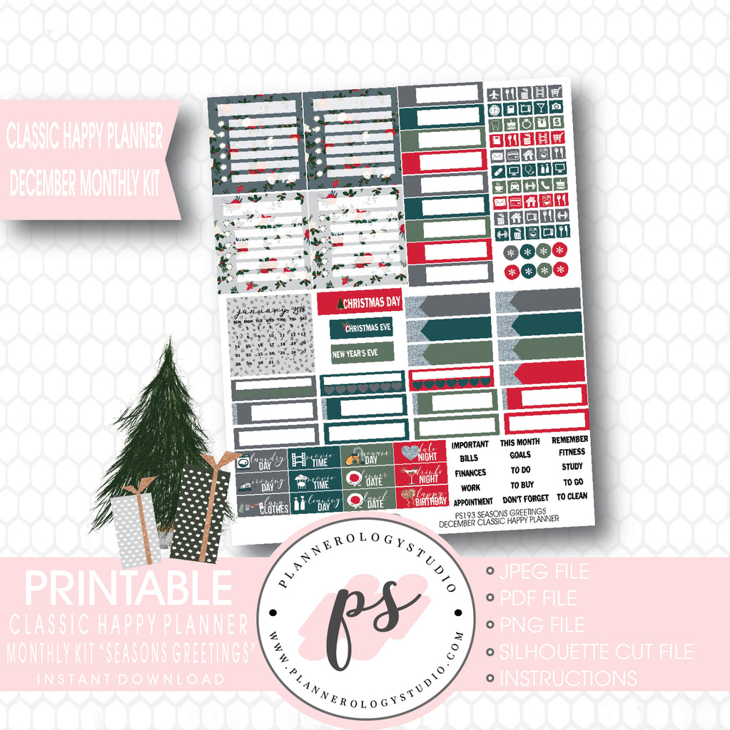 Seasons Greetings Christmas December 2017 Monthly View Kit Printable Planner Stickers (for use with Classic Happy Planner) - Plannerologystudio