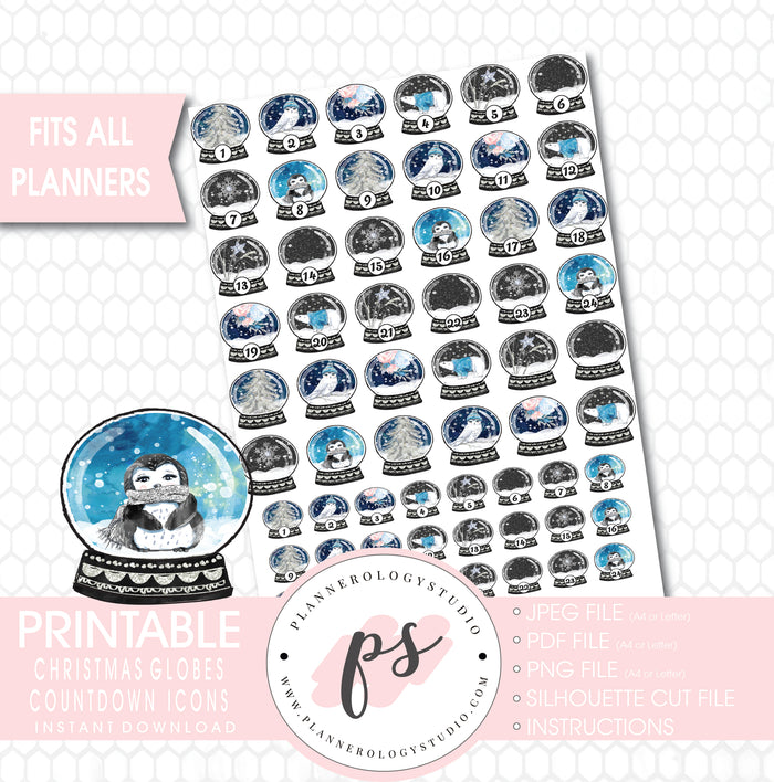 24 Day Christmas Globes Countdown Icons Printable Planner Stickers - Plannerologystudio