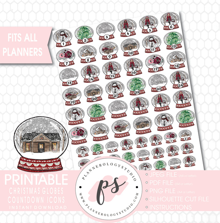 24 Day Christmas Globes Countdown Icons Printable Planner Stickers - Plannerologystudio
