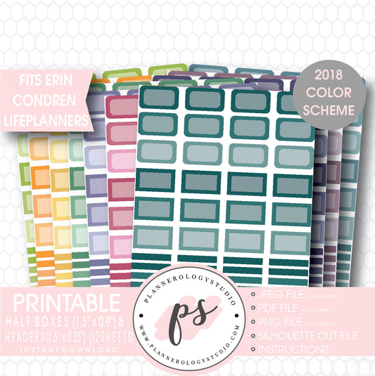 Erin Condren 2018 Color Scheme Half Boxes & Header Printable Planner Stickers Bundle (12 Sheets) - Plannerologystudio