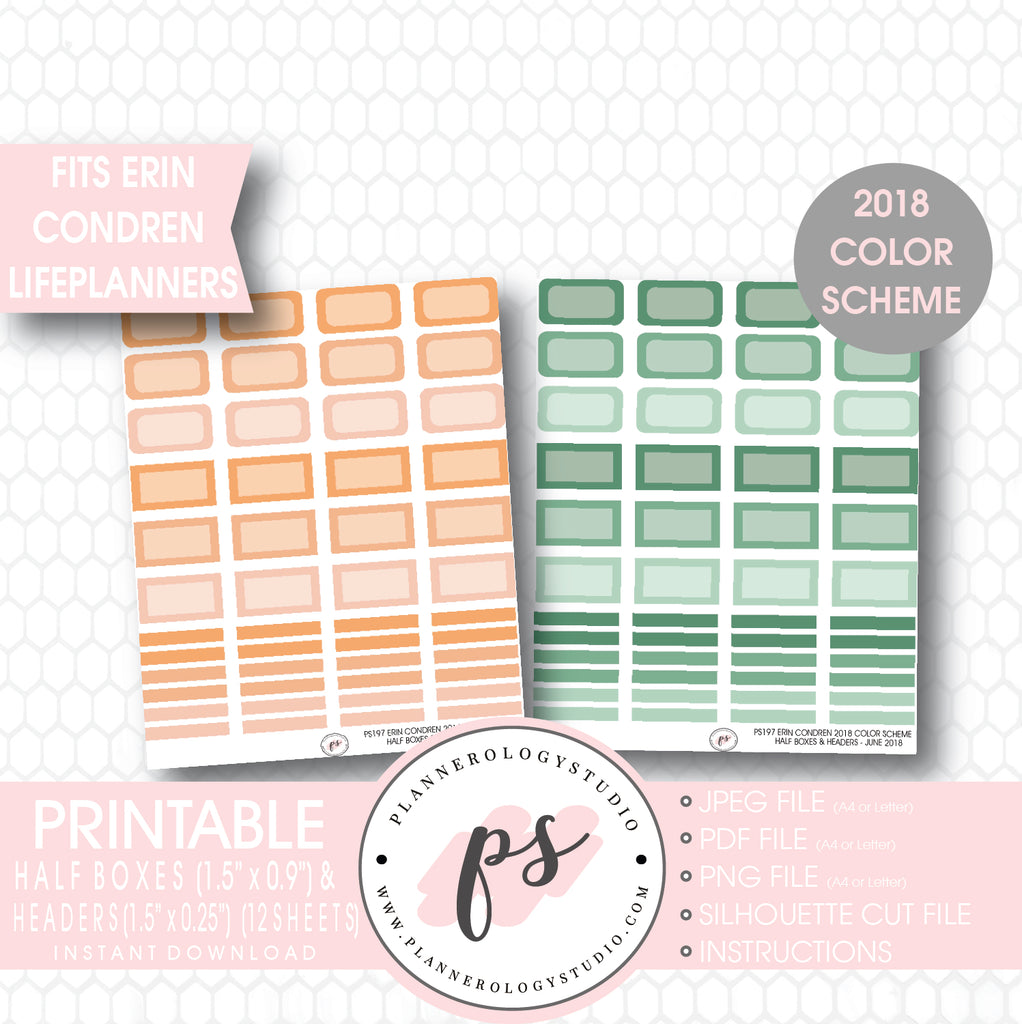 Erin Condren 2018 Color Scheme Half Boxes & Header Printable Planner Stickers Bundle (12 Sheets) - Plannerologystudio