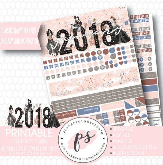 Twenty Eighteen New Year's January 2018 Monthly View Kit Printable Planner Stickers (for use with Classic Happy Planner) - Plannerologystudio