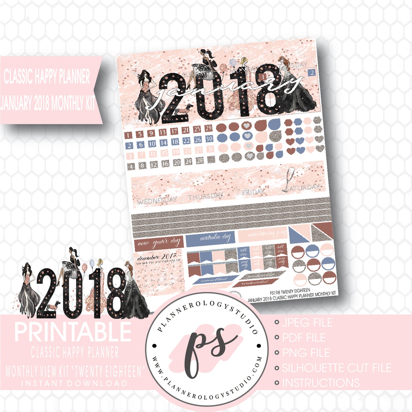 Twenty Eighteen New Year's January 2018 Monthly View Kit Printable Planner Stickers (for use with Classic Happy Planner) - Plannerologystudio