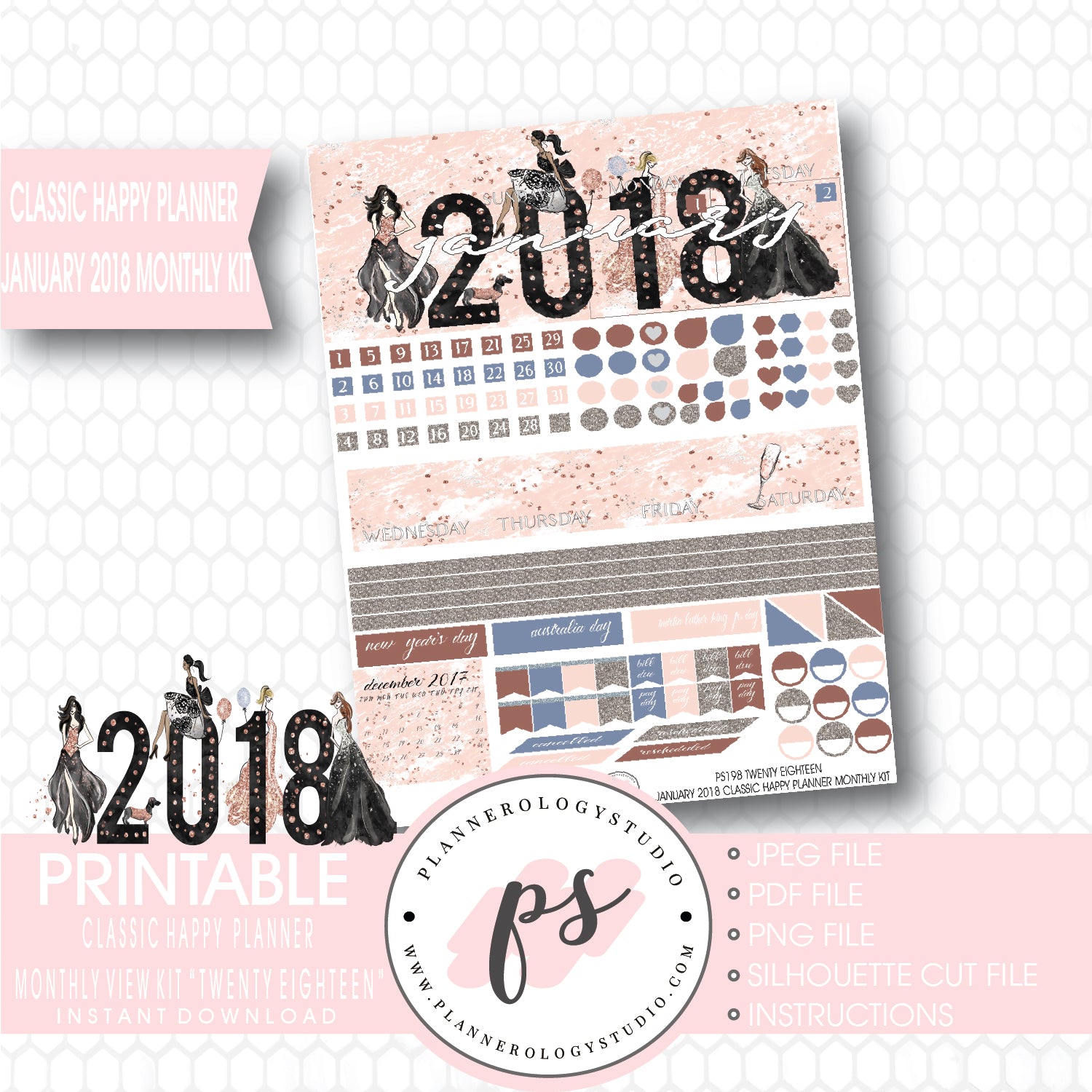 Twenty Eighteen New Year's January 2018 Monthly View Kit Printable Planner Stickers (for use with Classic Happy Planner) - Plannerologystudio
