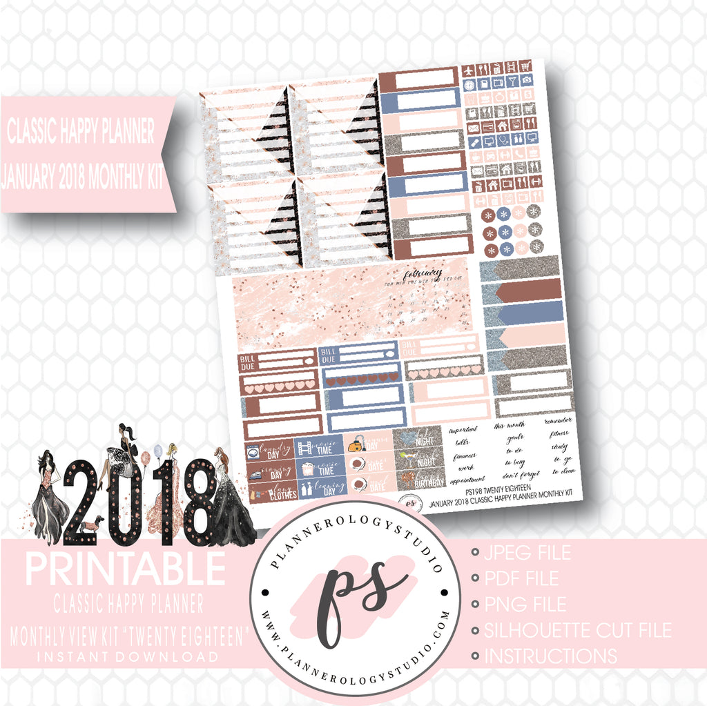 Twenty Eighteen New Year's January 2018 Monthly View Kit Printable Planner Stickers (for use with Classic Happy Planner) - Plannerologystudio
