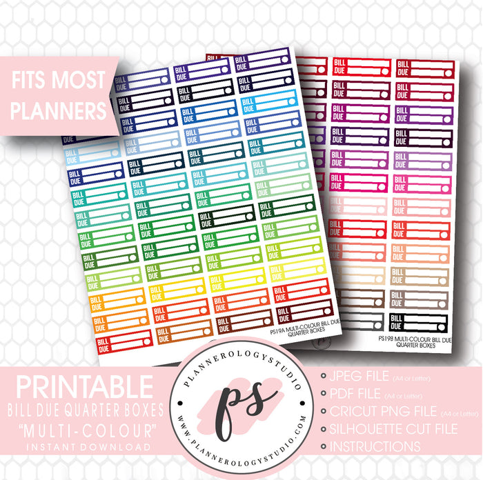 Multi-Colour Bill Due Quarter Boxes Printable Planner Stickers - Plannerologystudio