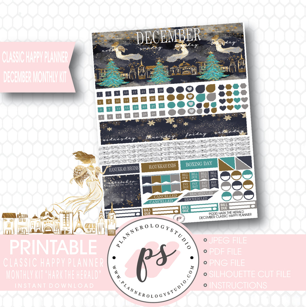 Hark the Herald Christmas December 2017 Monthly View Kit Printable Planner Stickers (for use with Classic Happy Planner) - Plannerologystudio