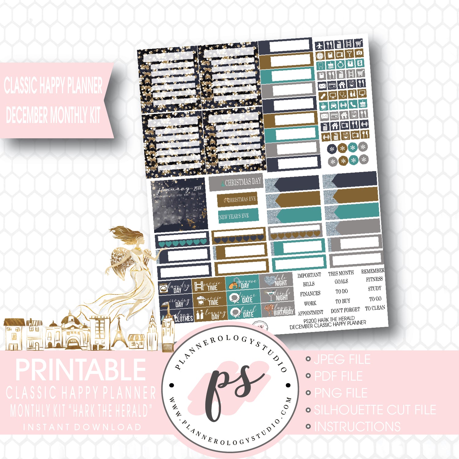 Hark the Herald Christmas December 2017 Monthly View Kit Printable Planner Stickers (for use with Classic Happy Planner) - Plannerologystudio