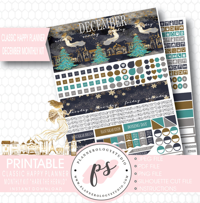 Hark the Herald Christmas December 2017 Monthly View Kit Printable Planner Stickers (for use with Classic Happy Planner) - Plannerologystudio