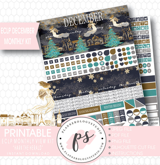 Hark the Herald Christmas December 2017 Monthly View Kit Printable Planner Stickers (for use with ECLP) - Plannerologystudio