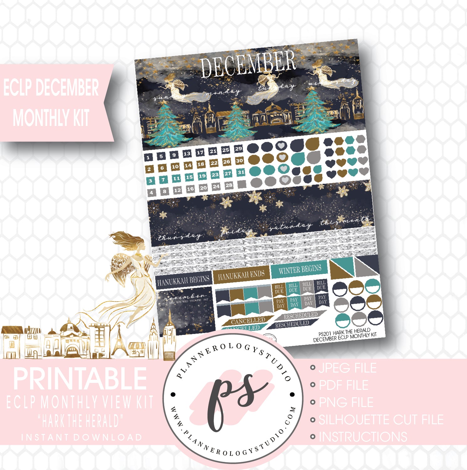 Hark the Herald Christmas December 2017 Monthly View Kit Printable Planner Stickers (for use with ECLP) - Plannerologystudio