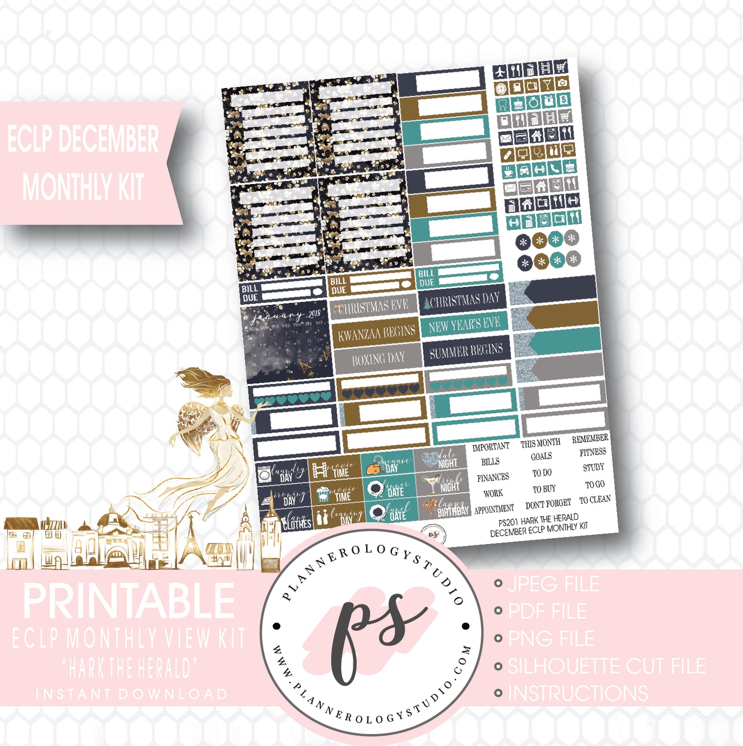 Hark the Herald Christmas December 2017 Monthly View Kit Printable Planner Stickers (for use with ECLP) - Plannerologystudio