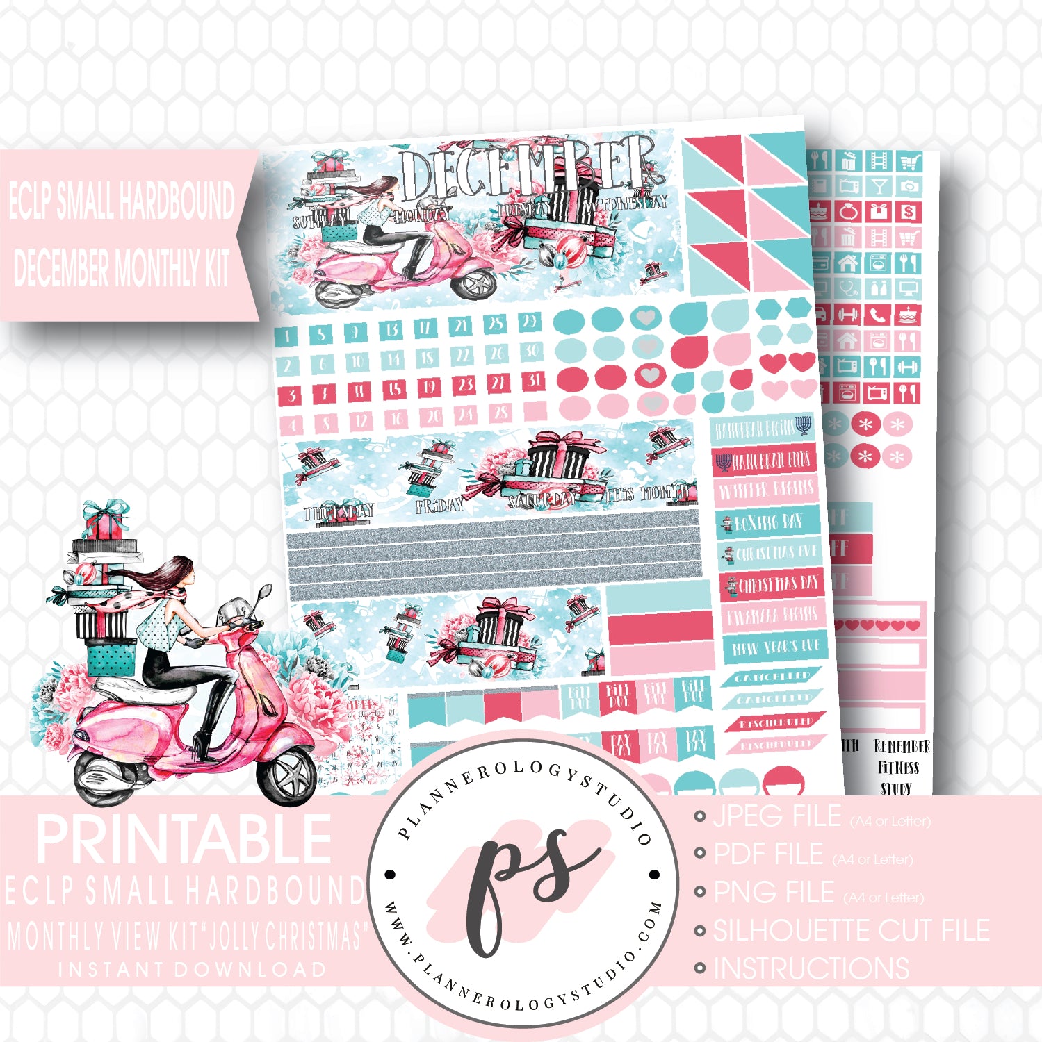 Jolly Christmas December 2017 Monthly View Kit Printable Planner Stickers (for use with ECLP Small Hardbound) - Plannerologystudio