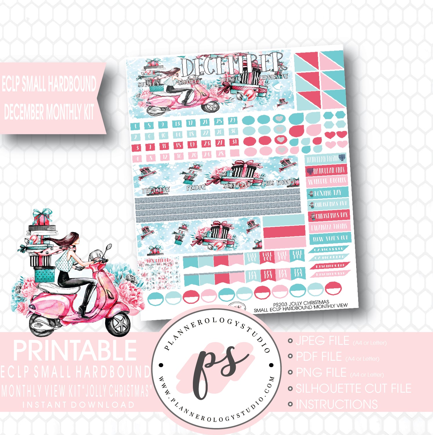 Jolly Christmas December 2017 Monthly View Kit Printable Planner Stickers (for use with ECLP Small Hardbound) - Plannerologystudio